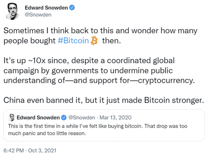 Edward Snowden Says Bitcoin Has Gained 10X Since He Tweeted Edward Snowden Says Bitcoin Has Gained 10X Since He Tweeted His Purchase, China Ban Makes BTC Stronger – Markets & Prices Bitcoin News