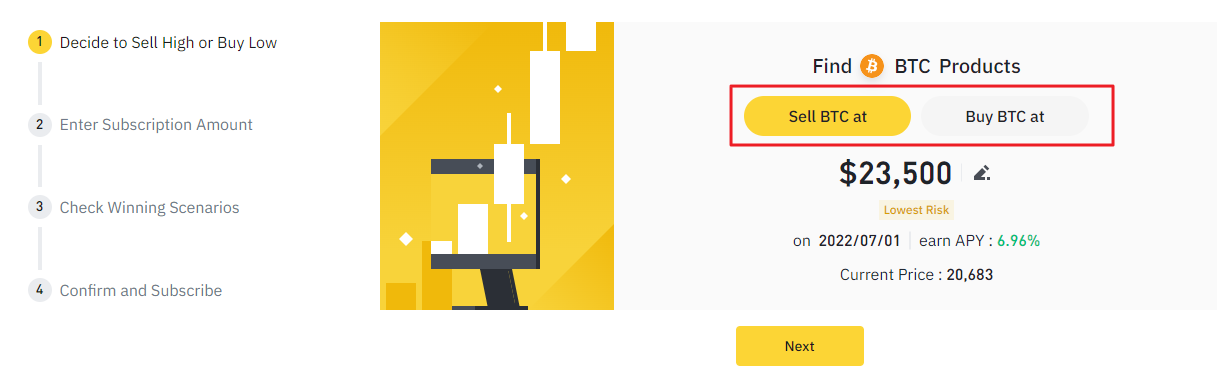 Select Buy Low or Sell High option on Binance Dual Investment